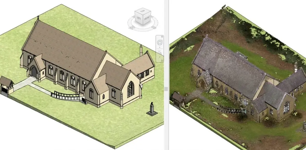 Revit model next to the point cloud it was built from